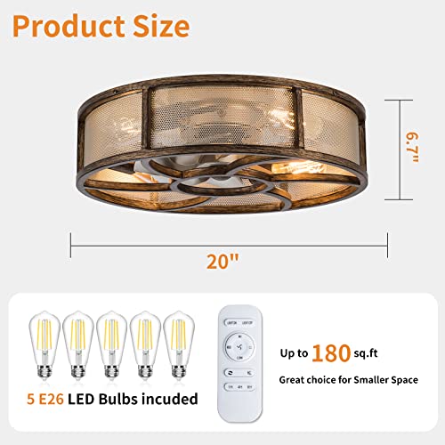 Vernal Life Caged Ceiling Fan with Light Remote Control, 21'' Low Profile Bladeless Enclosed Fan, 6 Speeds Reversible with 5 Bulbs, Rustic Farmhouse Ceiling Fan for Bedroom