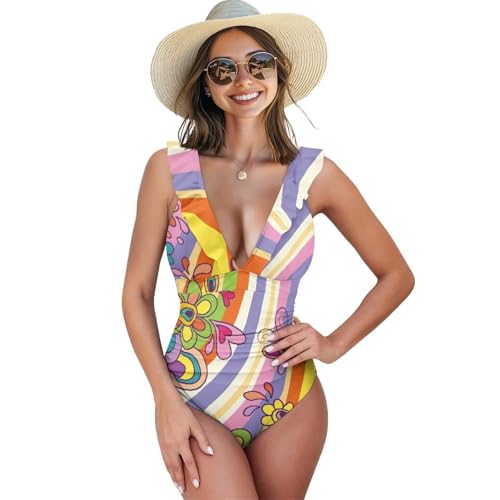 Suhoaziia Traje de baño de una pieza para mujer, con control de abdomen, modesto, volantes, cuello en V, traje de baño sexy de una pieza, talla grande, Flores hippie coloridas, S