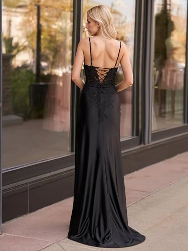 Satin Prom Dresses with Sllit Mermaid Spaghetti Straps Lace Appliques Long Mermaid Formal Evening Gowns for Women3