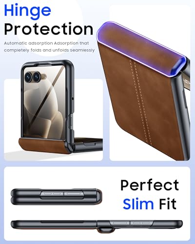Image of Magnetic for Motorola Razr Ultra 2026 /2025 Case with Hinge Protection, Screen Protector, Fit for Magsafe, Ultra-Thin PU Leather Matte PC Shockproof Cover for Razr Ultra 2026 /2025-Brown