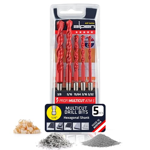 Alpen Multicut-Bohrer-Set, 5-teilig, Bohrer-Set für vielseitiges Bohren in Fliesen, Mauerwerk, Metall, Holz und Kunststoff, langlebiges Hartmetallspitzen-Bohrer-Set mit Sechskantschaft (Hexagonal,