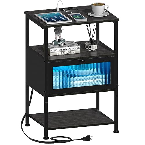 Image of EXOTICA Nightstand with Charging Station and LED Lights Small Black End Table with USB Ports Visible Acrylic Door Storage Bedside Table for Bedroom Sofa Couch L-15.74 inch x W-11.8 inch xH-23.42 inch