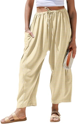TARSE Womens Linen Wide Leg Plaid Pants Casual Barrel Loose Drawstring Low Waist Palazzo Harem Pants with Pockets(BrownWhite XXL)