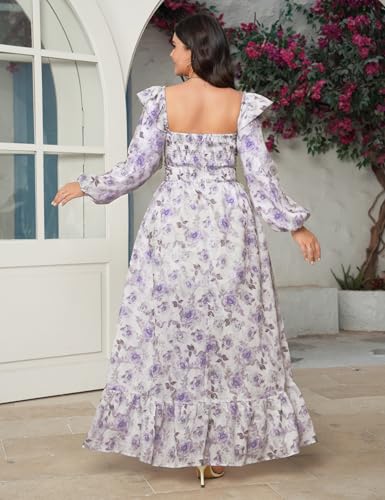 Image of EYWOL Women's Floral Puff Long Sleeve Maxi Dress Sexy Sweetheart Corset Boho Chiffon Flowy Smocked Long Dresses