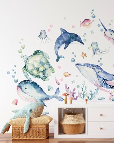 Vinilos decorativos oceánicos para pared - conjunto de ballenas y animales marinos miniatura 2