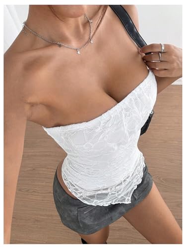 MakeMeChic Women's Floral Lace Strapless Tube Top Ruched Backless Y2k Bandeau Tops3