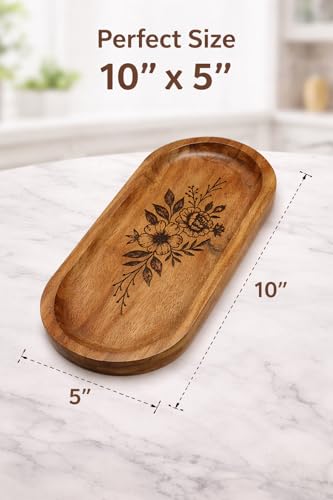 Image of Wooden Jewelry Tray, Oval Shape, L x B x H = 10 x 5 x 0.5 Inch Floral Design, Natural Wood Finish, Organizer for Rings, Necklaces, Earrings And Snacks Serving (Flower 4)
