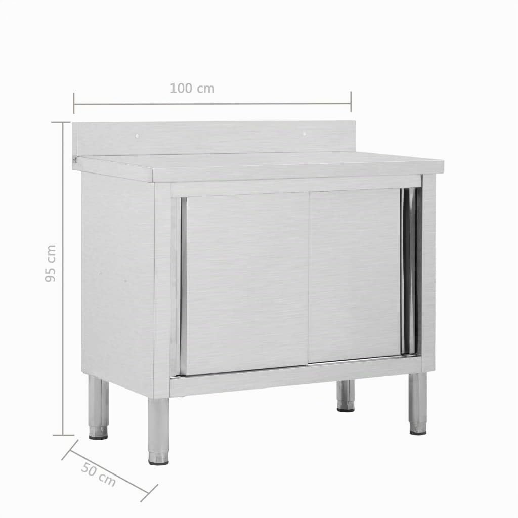 IKAYAA Tavoli da Lavoro con Ante Scorrevoli Banco da Lavoro Banco da Lavoro Officina/Cucina in Acciaio Inox-100 x 50 x (95-97) cm