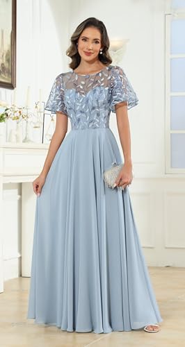 Sequin Mother of The Bride Dresses with Sleeves Pockets for Women Lace Applique Ruffles Pleated Wedding Guest Gown4