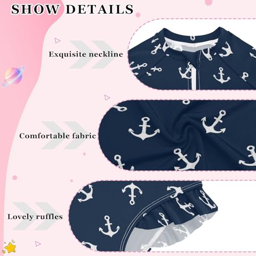 Anchor Shapes Navy Ppattern Girls One Piece Rash Guard Swimsuit, Girls Long Sleeve Swimwear for 3-12Y4