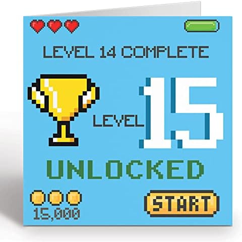 Gamer Birthday Card For 15 Year Old Girl or Boy - Level 15 Unlocked Video Gaming Birthday Card With Blue Envelope - Eco Friendly Card By Giggle Greetings® Cover