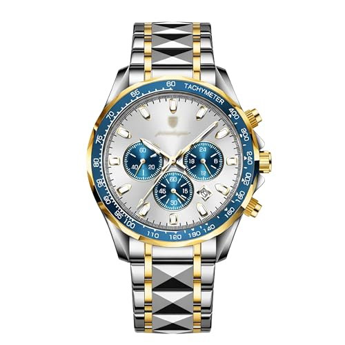 Genérico Reloj Analógico Relojes Hombre Acero Inoxidable con Pulsera Plateada, Movimiento de Cuarzo preciso, diseño Elegante y Deportivos, Vestir o Trabajo (Plata Oro/Blanco)