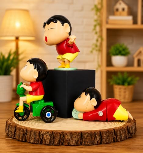 Image of Crayon Shin-chan Toy Set of 3 Moving Mechanical Toys for Kids | PVC Anime Action Figures | Tricycle, Crawling & Dancing Shinchan Collectible Mini Toys (Pack of 3)