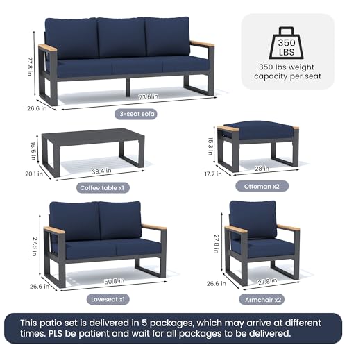 Image of Sundale Outdoor Aluminum Patio Furniture Set, 7 Piece Outdoor Conversation Sets with Coffee Table, Ottoman and Washable Thick Cushions, All Weather Outdoor Sectional Set for Deck, Lawn (Navy Blue)