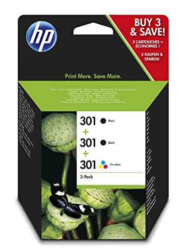 HP 301 E5Y87EE, Pack de 3, Cartuchos de Tinta Originales, 2 Negro...