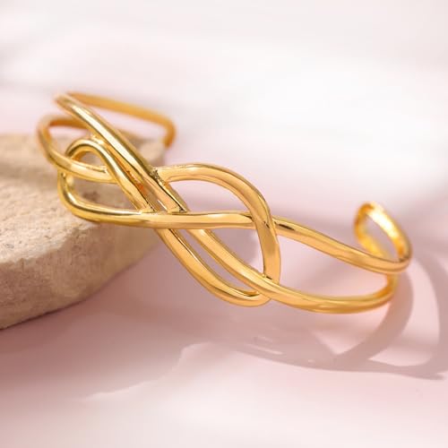 Image of VOYLLA Golden Intertwined Infinity Cuff Gold Plated Bracelet for Women Designer Love Bracelet Women's Day Gift for Her Girlfriend Wife Anniversary Birthday Jewellery
