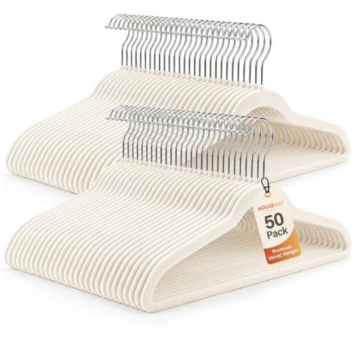 HOUSE DAY Ivory Velvet Hangers 50 Pack – Non Slip Felt Hangers, No Wrinkles | Closet Essentials Premium Space Saving Hanger, Gentle on Clothes, Sturdy Shoulder Design