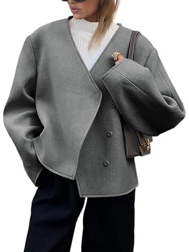 Cicy Bell Womens Cropped Wool Jackets Fall V Neck Short Pea Coats Single Breasted Outerwear Winter Outfits