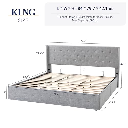 image for Allewie King Size Lift Up Storage Bed, Button Tufted Headboard with Wi