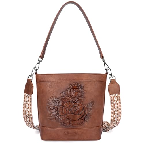Image of Crossbody Purses for Women, Trendy Embossed Vegan Leather Bucket Bag, Travel Shoulder Handbag with 2 Detachable Straps