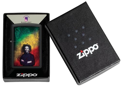 Image of Zippo Black Light Bob Marley Design Black Matte Pocket Fuel Refillable Windproof Lighter, BIS Certified