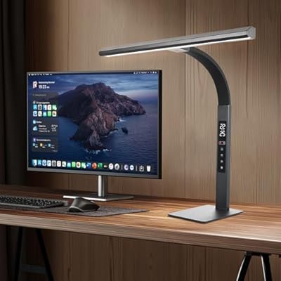 LED desk lamp for home office, architect computer work light,Touch color temperature stepless dimming and adjustable flexible gooseneck tube. desk lamp with clock , suitable for reading and studying.