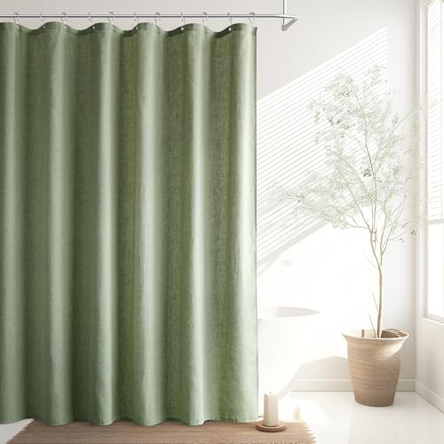 Jowels Sage Green Linen Shower Curtain, Boho Farmhouse Shower Curtain Set for Bathroom, 200GSM Luxury Weighted Water Resistant Fabric Textured Shower Curtains with 12 Metal Hooks, 72Wx78H