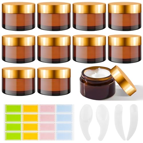 Hengxinc 10 Pcs 30ML Amber Glass Jars With Lids, Cosmetic Pots Glass, Brown Glas Jars With 10 Makeup Spatula And 1 Sticky Labels, Cosmetic Container Reusable, Cream Jar For Cosmeti Creams Lotions