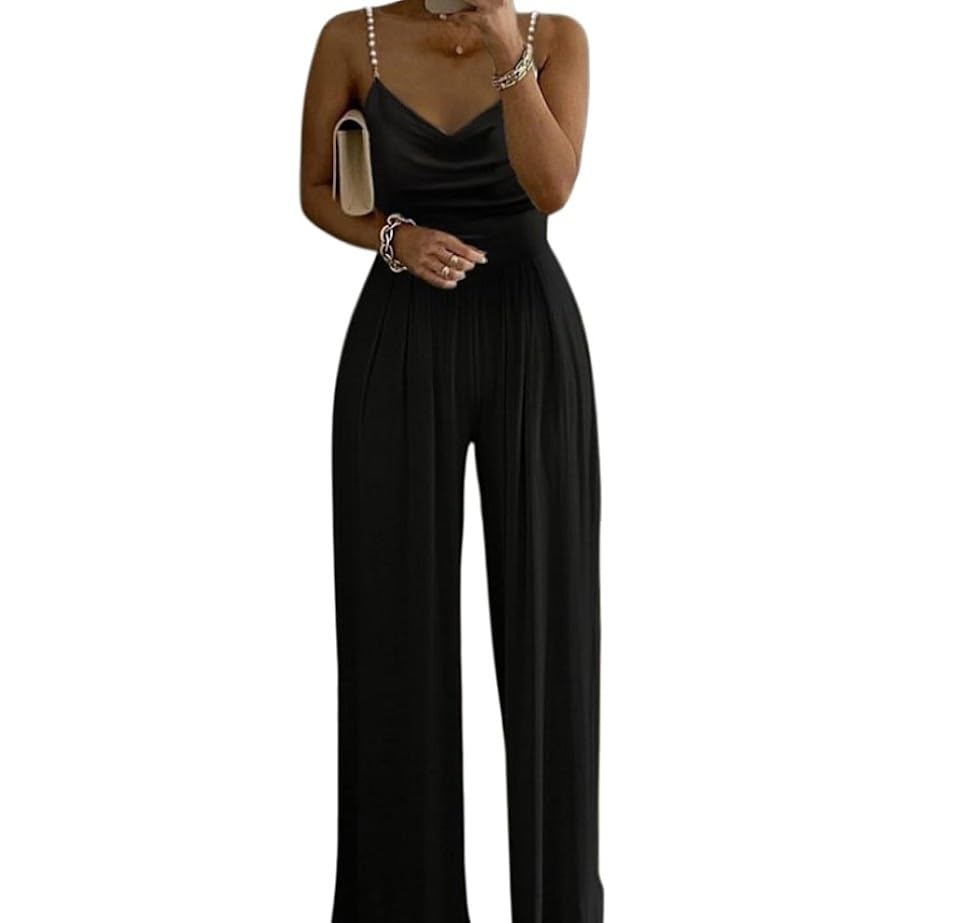 Macacão Feminino Longo Elegante Alfaiataria para Festa Casamento Formatura Luxo-Macacao Social Preto Pantalona Perola Moderno Chique