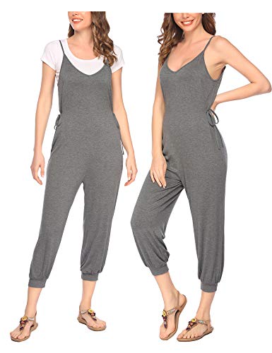 Ekouaer Women's V Neck Spaghetti Strap Harem Leg Cami Jumpsuit Halter Romper Jumpsuit Gray XXL