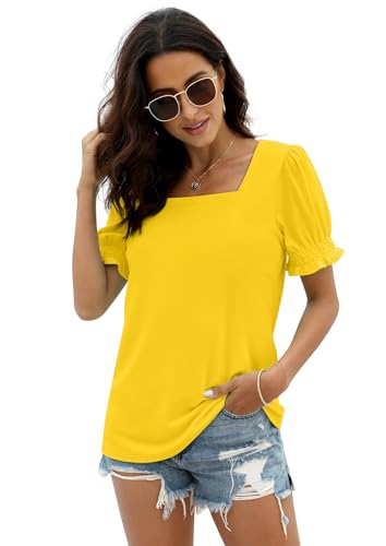 Image of WIHOLL Tops for Women Summer Casual Ruffle Trim Sleeve Square Neck T Shirts