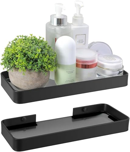 Z metnal Pequeños estantes flotantes con vidrio templado, estante de vidrio oscuro de 25 cm con marco de aluminio negro, mini estante de pared para organizador de ducha, 2 unidades, montaje en pared