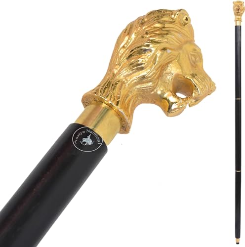 Canne de marche à main en aluminium et bois naturel, canne de marche designer faite à la main pour hommes et femmes avec tête de lion dorée - Alfiya...