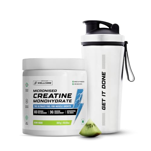 Image of Wellcore Micronised Creatine Monohydrate (Creatine 83, Kiwi Kick) + Premium Steel Shaker | Enhanced Muscle Growth & Fast Recovery | Trustified Certified