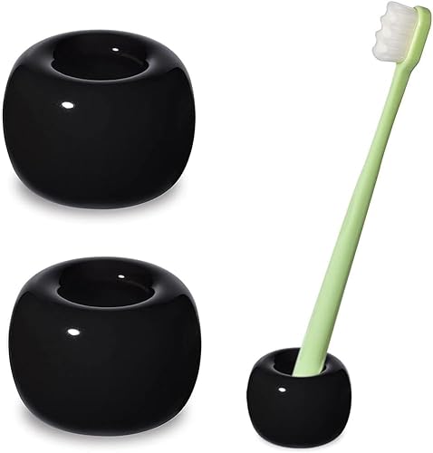 Small Ceramic Toothbrush Holder Stand for Bathroom, 2Pcs Mini Ceramic Toothbrush Holders, Ceramics Handmade Bathroom Toothbrush Holders, Black