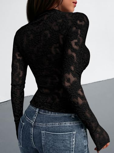 BTFBM Mesh Long Sleeve Tops for Women Lace Sexy Sheer See Through Crew Neck Tight Shirt Fall 2025 Party Club Outfits3