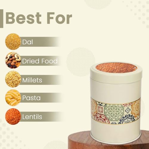 Image of Mandala Collection Airtight Kitchen Container Set| 1100ML- Set of 4| Food Grade Metal Jars for Dals, Millets, Pasta & Dry Food Storage| Vacuum Lid, Rust Resistant| Beige Rangoli Canisters