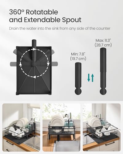 Image of SONGMICS Dish Drying Rack, Kitchen Dish Rack with Drainboard, 360 Rotatable and Extendable Spout, with Cutlery Holder, (12.2-22) x 16.5 x 7.9 Inches, Ink Black UKCS552B01