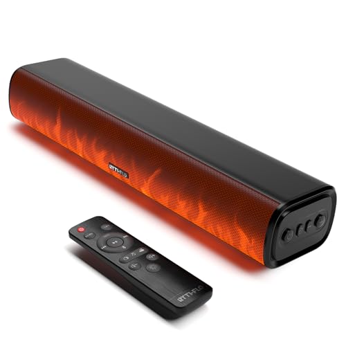 Rythflo 60W Bluetooth Sound Bar 16 inch Compact TV Soundbar with Remote 8 Flame Light Modes Optical/ARC/AUX/RCA Connections Wall-Mountable Home Theater Speaker for TV PC Projector Gaming