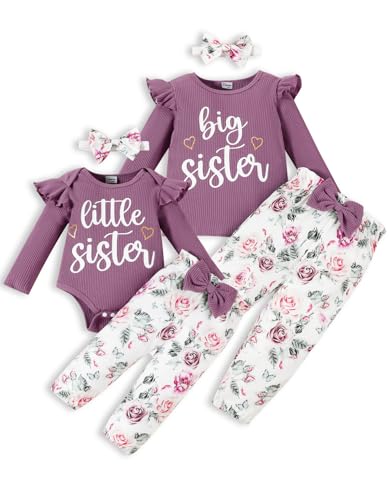 FAMIHAO Big Sister Little Sister Matching Outfits Rib Knit Ruffle Long Sleeve Romper Floral Pants Headband Baby Girl Clothes 3Pcs,6-12M Purple