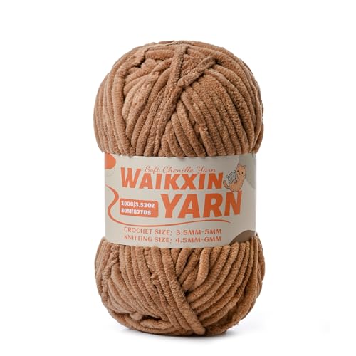 Image of (Light Coffee) Super Soft Fuzzy Chenille Chunky Yarn for Crocheting, 100g (87yds) Fluffy Velvet Yarn for Hand Knitting Baby Blankets Weaving Craft