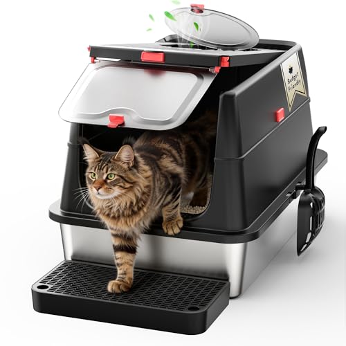 XXL Katzentoilette Edelstahl (V2A) - 3-in-1 Geschlossenes Katzenklo mit 160&deg; Klappdeckel & Geruchsfilter - Hoher Rand, Auslaufsicher & Kratzfest - Inkl. Streuschaufel & Trittstufe f&uuml;r Gro&szlig;e Katzen