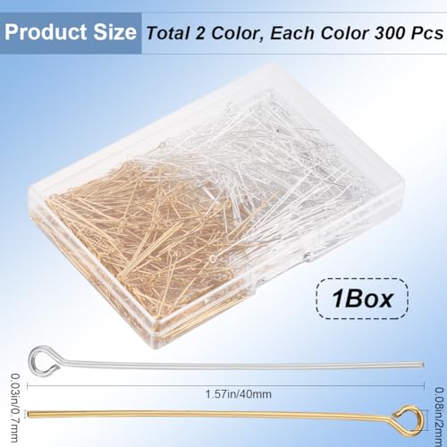 SOFPLATE 1 Box 600Pcs 40mm Gold Silver Jewellery Eye Pins Bulk Long Eyepins Brass Open Head Pins Findings for DIY Necklaces Bracelets Earrings Crafts Jewellery Making Accessories - Image 2