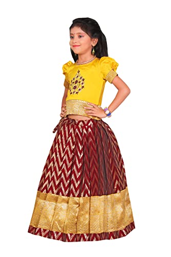 Image of FELIZ THE DESIGNER STUDIO Girl's Readymade Traditional Pattu Pavadai Lehenga Choli Kids( Yellow-Maroon 18-24 Months )