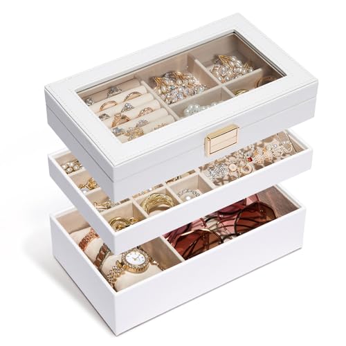 Seelux Jewellery Tray, Stackable Jewellery Box, Drawer Jewellery Organiser with Glass Lid, Removable Dividers for Dressing Table, Gift Idea for Girls and Women (White)