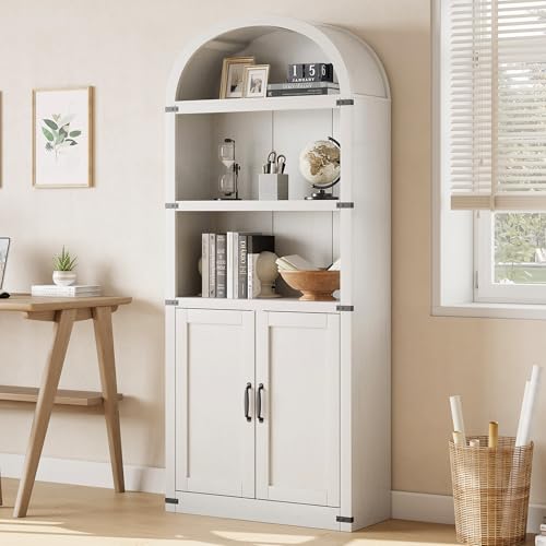 GarveeHome Bookcase with Doors Arched Bookshelf 71.65 in Tall Bookcase Farmhouse Cabinet with Shelves Wooden Bookshelves for Home Office, Living Room,