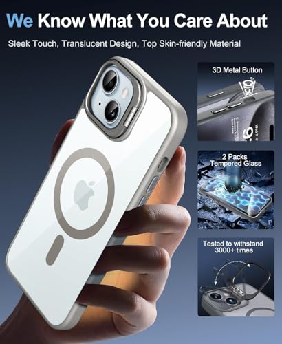 Image of VONZEE Clear Camera Kickstand Case for iPhone 15 Plus, Built-in Adjustable Camera Stand, Clear Magnetic Mag-Safe Shockproof Classic Series Phone Cover (Grey)