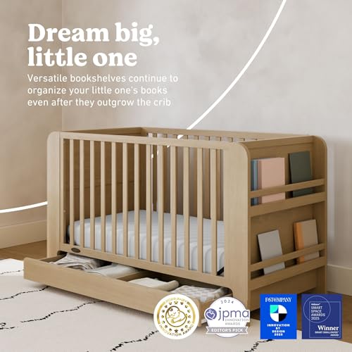 Image of Graco Read-with-Me 4-in-1 Convertible Crib with Drawer - GREENGUARD Gold Certified Converts to Toddler Bed, Daybed, and Functional Bookshelves (Driftwood)