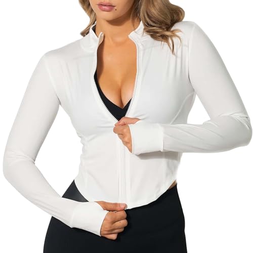 TZLDN Veste de sport légère à manches longues pour femme - Respirant - Veste de survêtement - Veste de course - Yoga - Fitness - Gym - Avec ouverture pour les pouces - Fermeture éclair, Blanc., S