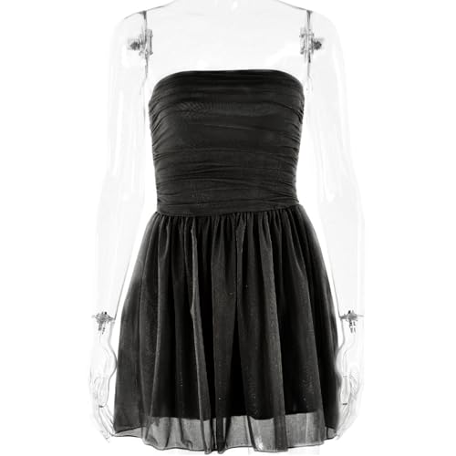 AIBEARTY Women's Sexy Glitter Off Shoulder Mini Dress Shiny Strapless Pleated A Line Dress for Party Club4